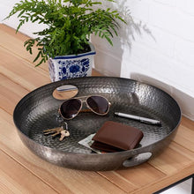 Load image into Gallery viewer, 16-Inch Hammered Round Serving Tray With Handles, Glossy Black