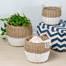 Load image into Gallery viewer, Set of 3 Round Nesting Seagrass 2-Color Storage Baskets with Handles, Natural & White