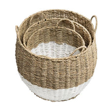 Load image into Gallery viewer, Set of 3 Round Nesting Seagrass 2-Color Storage Baskets with Handles, Natural & White