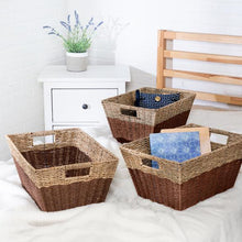 Load image into Gallery viewer, Set of 3 Rectangle Nesting Seagrass 2-Color Storage Baskets with Built-In Handles, Natural & Brown