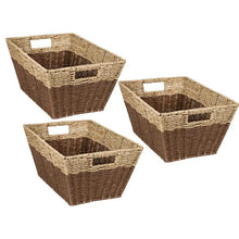 Load image into Gallery viewer, Set of 3 Rectangle Nesting Seagrass 2-Color Storage Baskets with Built-In Handles, Natural & Brown