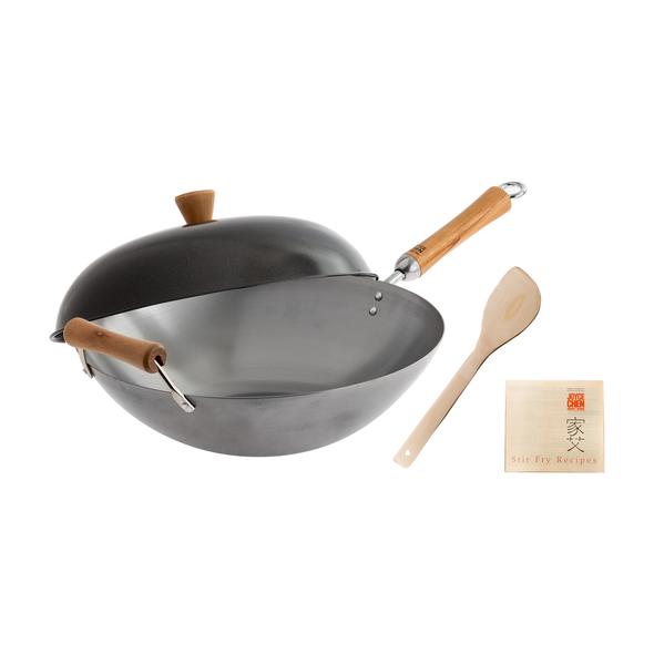 Joyce Chen Classic Series Uncoated Carbon Steel Wok Set with Lid and Birch Handles, 4 Pieces