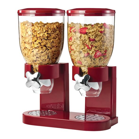 Double Cereal Dispenser with Portion Control, Red and Chrome