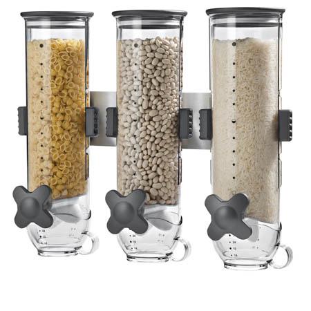 Wall Mount Triple Canister Cereal Dispenser, Black & Clear