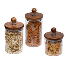 Load image into Gallery viewer, 3-Piece Acacia Top Glass Kitchen Canister Set
