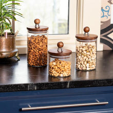 Load image into Gallery viewer, 3-Piece Acacia Top Glass Kitchen Canister Set
