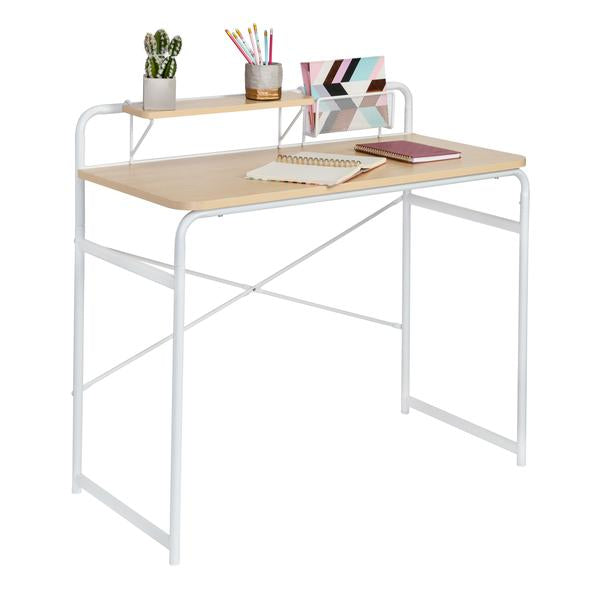 Home Office Computer Desk with Shelf and Metal Mesh Basket, White