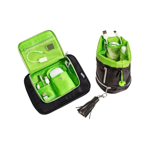 Tech and Phone Accessories Organizer Set - Drawstring & U-Zip Pouch, Black