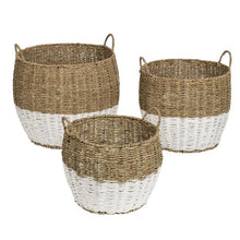 Load image into Gallery viewer, Set of 3 Round Nesting Seagrass 2-Color Storage Baskets with Handles, Natural &amp; White

